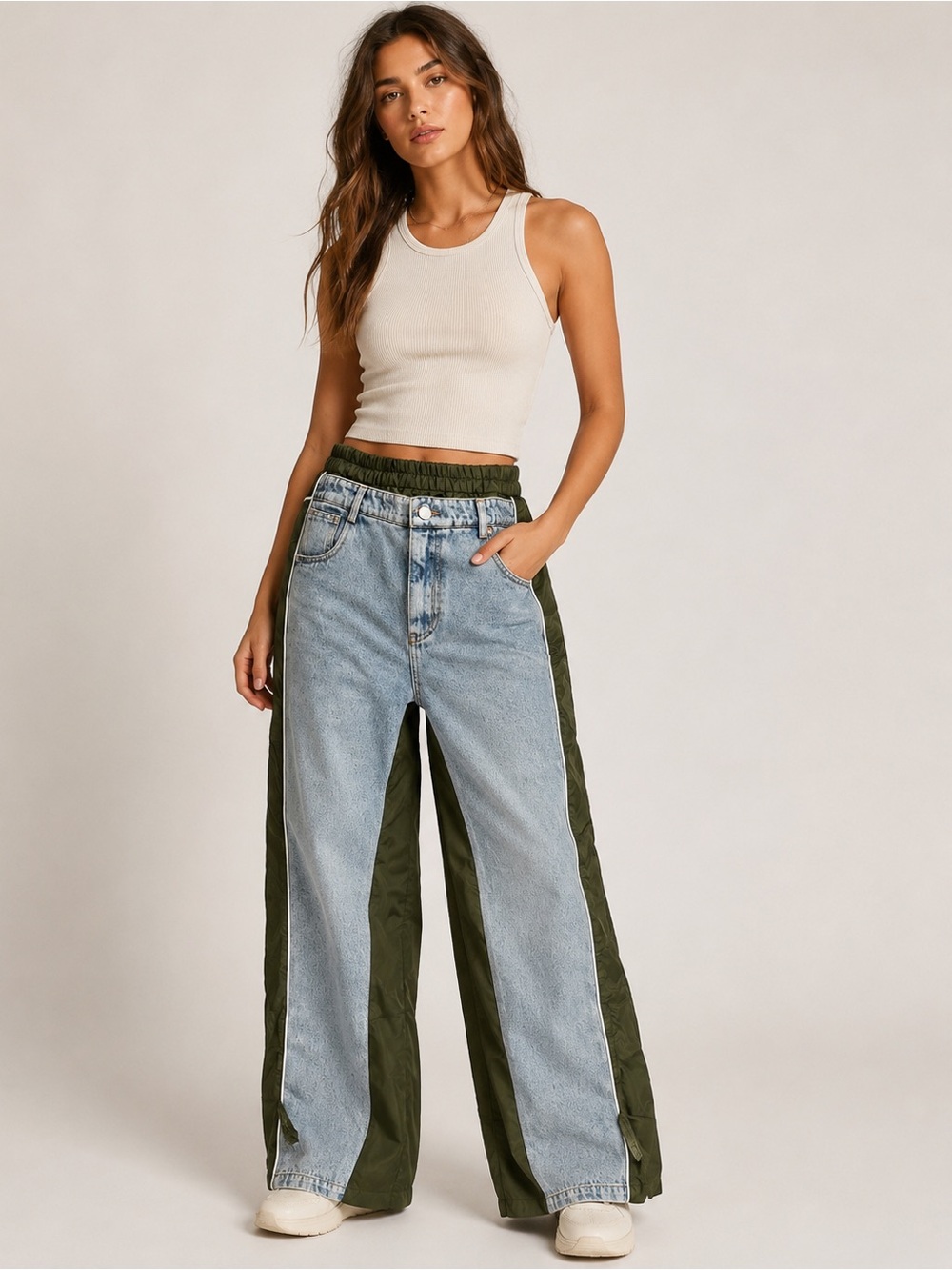 New no tags Wide Leg Two-Tone Jeans with Olive Side Panels - Women m
